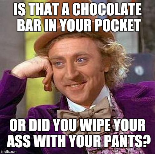 Dookie Dungeon | IS THAT A CHOCOLATE BAR IN YOUR POCKET OR DID YOU WIPE YOUR ASS WITH YOUR PANTS? | image tagged in memes,creepy condescending wonka,bullsquid,jurassic | made w/ Imgflip meme maker