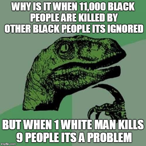 Philosoraptor | WHY IS IT WHEN 11,000 BLACK PEOPLE ARE KILLED BY OTHER BLACK PEOPLE ITS IGNORED BUT WHEN 1 WHITE MAN KILLS 9 PEOPLE ITS A PROBLEM | image tagged in memes,philosoraptor | made w/ Imgflip meme maker