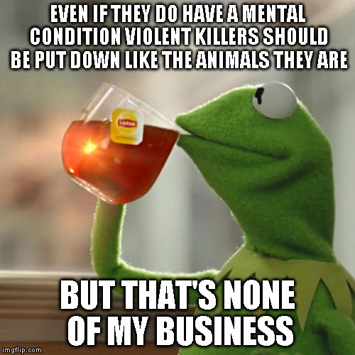 But That's None Of My Business Meme | EVEN IF THEY DO HAVE A MENTAL CONDITION VIOLENT KILLERS SHOULD BE PUT DOWN LIKE THE ANIMALS THEY ARE BUT THAT'S NONE OF MY BUSINESS | image tagged in memes,but thats none of my business,kermit the frog | made w/ Imgflip meme maker