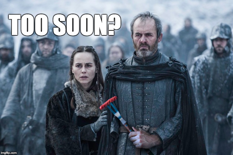 Too Soon Stannis... | TOO SOON? | image tagged in gameofthrones | made w/ Imgflip meme maker