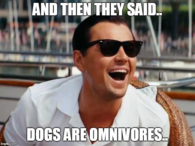 Leonardo Di Caprio | AND THEN THEY SAID.. DOGS ARE OMNIVORES.. | image tagged in leonardo di caprio | made w/ Imgflip meme maker