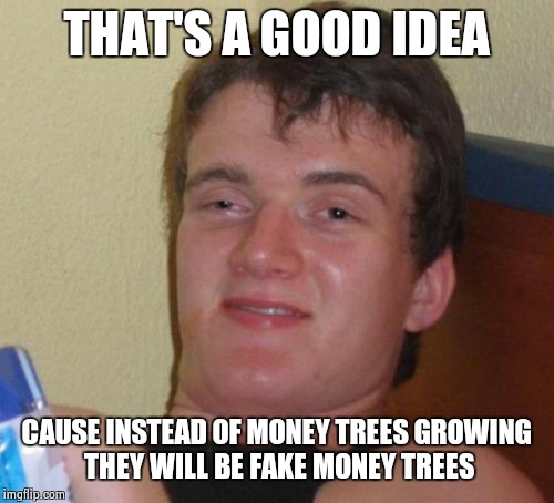 10 Guy Meme | THAT'S A GOOD IDEA CAUSE INSTEAD OF MONEY TREES GROWING THEY WILL BE FAKE MONEY TREES | image tagged in memes,10 guy | made w/ Imgflip meme maker