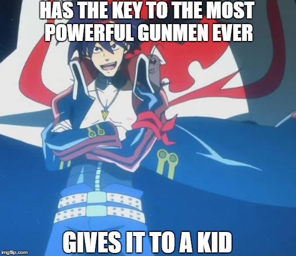 HAS THE KEY TO THE MOST POWERFUL GUNMEN EVER GIVES IT TO A KID | image tagged in memes,anime | made w/ Imgflip meme maker