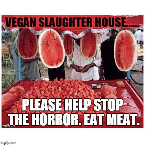 PLEASE HELP STOP THE HORROR. EAT MEAT. | image tagged in veganism,funny | made w/ Imgflip meme maker