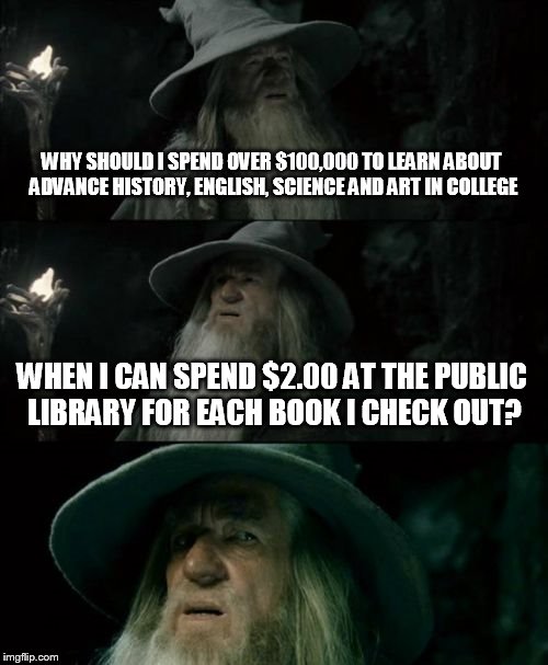 Confused Gandalf Meme | WHY SHOULD I SPEND OVER $100,000 TO LEARN ABOUT ADVANCE HISTORY, ENGLISH, SCIENCE AND ART IN COLLEGE WHEN I CAN SPEND $2.00 AT THE PUBLIC LI | image tagged in memes,confused gandalf | made w/ Imgflip meme maker