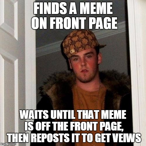 The repost fairy | FINDS A MEME ON FRONT PAGE WAITS UNTIL THAT MEME IS OFF THE FRONT PAGE, THEN REPOSTS IT TO GET VEIWS | image tagged in memes,scumbag steve | made w/ Imgflip meme maker