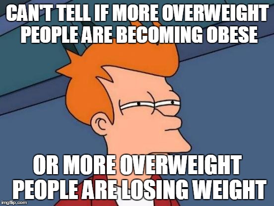 Futurama Fry Meme | CAN'T TELL IF MORE OVERWEIGHT PEOPLE ARE BECOMING OBESE OR MORE OVERWEIGHT PEOPLE ARE LOSING WEIGHT | image tagged in memes,futurama fry,AdviceAnimals | made w/ Imgflip meme maker