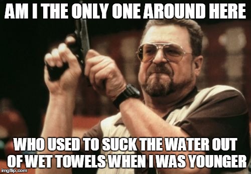 Am I The Only One Around Here Meme | AM I THE ONLY ONE AROUND HERE WHO USED TO SUCK THE WATER OUT OF WET TOWELS WHEN I WAS YOUNGER | image tagged in memes,am i the only one around here,AdviceAnimals | made w/ Imgflip meme maker