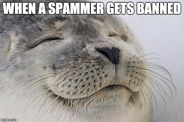 Satisfied Seal Meme | WHEN A SPAMMER GETS BANNED | image tagged in memes,satisfied seal | made w/ Imgflip meme maker