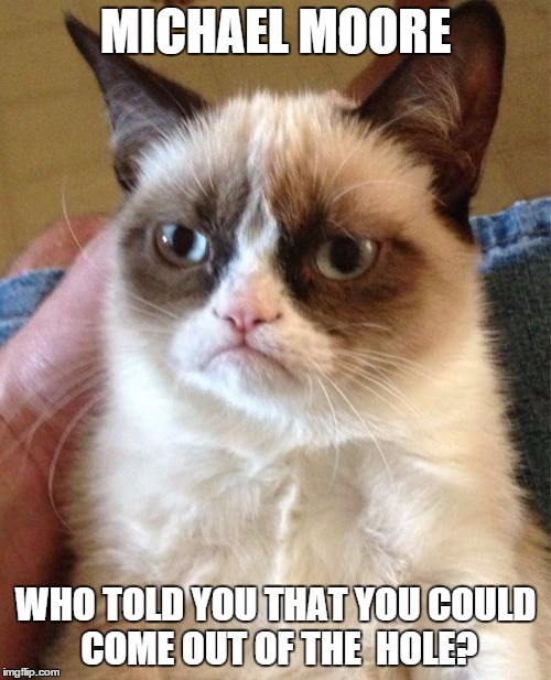 Mr Moore tweeted not long ago... what he tweeted gives new meaning to the word tweetard. | MICHAEL MOORE WHO TOLD YOU THAT YOU COULD COME OUT OF THE  HOLE? | image tagged in memes,grumpy cat,tweetard,michael moore,racist,shawnljohnson | made w/ Imgflip meme maker