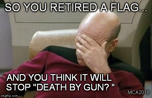 Captain Picard Facepalm Meme | SO YOU RETIRED A FLAG... AND YOU THINK IT WILL STOP "DEATH BY GUN?
" MCA2016 | image tagged in memes,captain picard facepalm | made w/ Imgflip meme maker