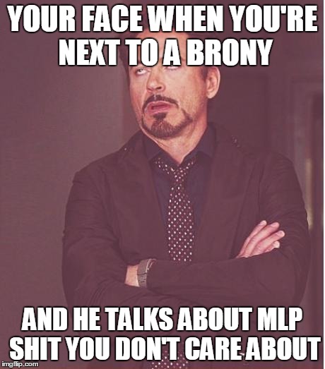Face You Make Robert Downey Jr | YOUR FACE WHEN YOU'RE NEXT TO A BRONY AND HE TALKS ABOUT MLP SHIT YOU DON'T CARE ABOUT | image tagged in memes,face you make robert downey jr | made w/ Imgflip meme maker