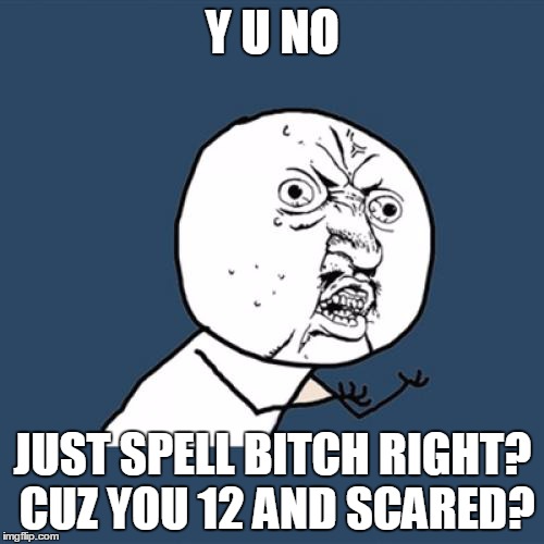 Y U No Meme | Y U NO JUST SPELL B**CH RIGHT? CUZ YOU 12 AND SCARED? | image tagged in memes,y u no | made w/ Imgflip meme maker
