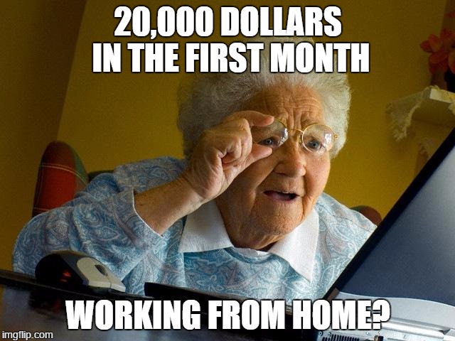 Grandma Finds The Internet | 20,000 DOLLARS IN THE FIRST MONTH WORKING FROM HOME? | image tagged in memes,grandma finds the internet | made w/ Imgflip meme maker