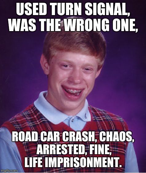 Bad Luck Brian Meme | USED TURN SIGNAL, WAS THE WRONG ONE, ROAD CAR CRASH, CHAOS, ARRESTED, FINE, LIFE IMPRISONMENT. | image tagged in memes,bad luck brian | made w/ Imgflip meme maker