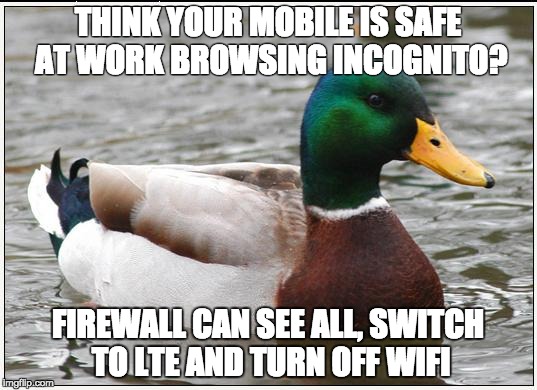 Actual Advice Mallard Meme | THINK YOUR MOBILE IS SAFE AT WORK BROWSING INCOGNITO? FIREWALL CAN SEE ALL, SWITCH TO LTE AND TURN OFF WIFI | image tagged in memes,actual advice mallard,AdviceAnimals | made w/ Imgflip meme maker