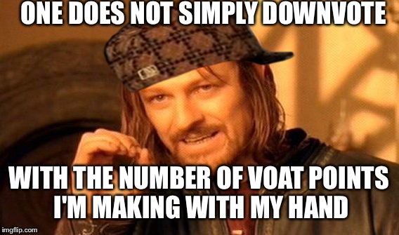 One Does Not Simply Meme | ONE DOES NOT SIMPLY DOWNVOTE WITH THE NUMBER OF VOAT POINTS I'M MAKING WITH MY HAND | image tagged in memes,one does not simply,scumbag | made w/ Imgflip meme maker