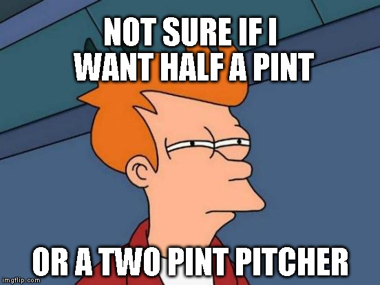 Futurama Fry | NOT SURE IF I WANT HALF A PINT OR A TWO PINT PITCHER | image tagged in memes,futurama fry | made w/ Imgflip meme maker