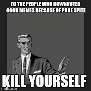 Kill Yourself Guy Meme | TO THE PEOPLE WHO DOWNVOTED GOOD MEMES BECAUSE OF PURE SPITE KILL YOURSELF | image tagged in memes,kill yourself guy | made w/ Imgflip meme maker