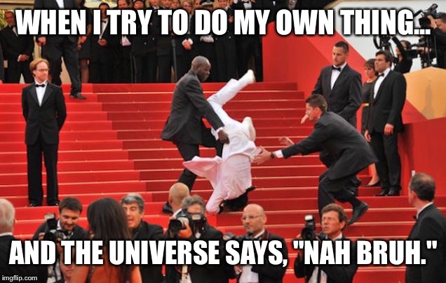 WHEN I TRY TO DO MY OWN THING... AND THE UNIVERSE SAYS, "NAH BRUH." | image tagged in falling | made w/ Imgflip meme maker
