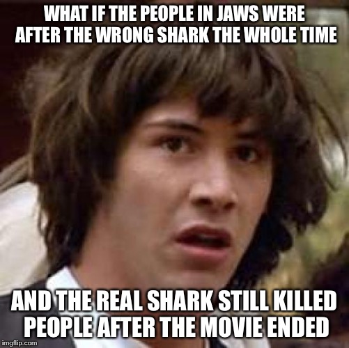 Conspiracy Keanu Meme | WHAT IF THE PEOPLE IN JAWS WERE AFTER THE WRONG SHARK THE WHOLE TIME AND THE REAL SHARK STILL KILLED PEOPLE AFTER THE MOVIE ENDED | image tagged in memes,conspiracy keanu | made w/ Imgflip meme maker