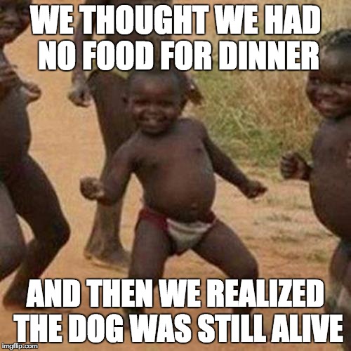 Third World Success Kid | WE THOUGHT WE HAD NO FOOD FOR DINNER AND THEN WE REALIZED THE DOG WAS STILL ALIVE | image tagged in memes,third world success kid | made w/ Imgflip meme maker