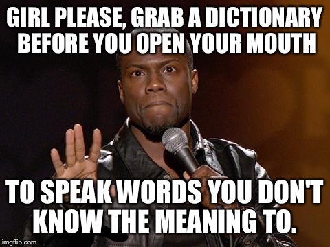 kevin hart | GIRL PLEASE, GRAB A DICTIONARY BEFORE YOU OPEN YOUR MOUTH TO SPEAK WORDS YOU DON'T KNOW THE MEANING TO. | image tagged in kevin hart | made w/ Imgflip meme maker