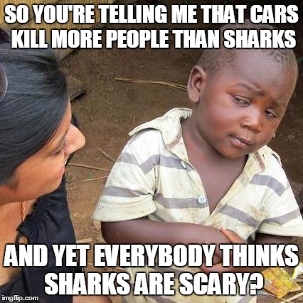 Third World Skeptical Kid | SO YOU'RE TELLING ME THAT CARS KILL MORE PEOPLE THAN SHARKS AND YET EVERYBODY THINKS SHARKS ARE SCARY? | image tagged in memes,third world skeptical kid | made w/ Imgflip meme maker