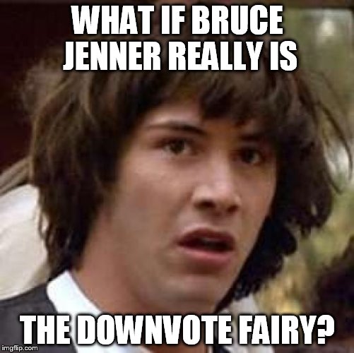 Conspiracy Keanu Meme | WHAT IF BRUCE JENNER REALLY IS THE DOWNVOTE FAIRY? | image tagged in memes,conspiracy keanu | made w/ Imgflip meme maker