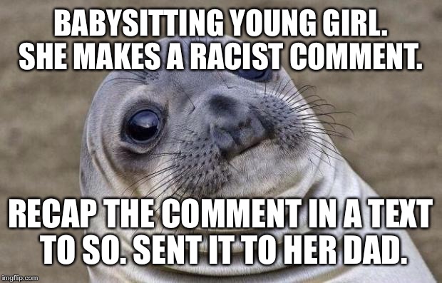 Awkward Moment Sealion | BABYSITTING YOUNG GIRL. SHE MAKES A RACIST COMMENT. RECAP THE COMMENT IN A TEXT TO SO. SENT IT TO HER DAD. | image tagged in memes,awkward moment sealion | made w/ Imgflip meme maker