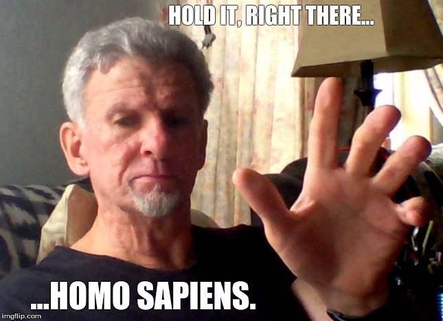 Hold It Right There Homo Sapiens | HOLD IT, RIGHT THERE... ...HOMO SAPIENS. | image tagged in hold,hold it,hold it right there,homo sapiens | made w/ Imgflip meme maker