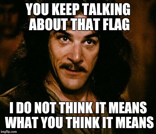 Inigo Montoya Meme | YOU KEEP TALKING ABOUT THAT FLAG I DO NOT THINK IT MEANS WHAT YOU THINK IT MEANS | image tagged in memes,inigo montoya | made w/ Imgflip meme maker