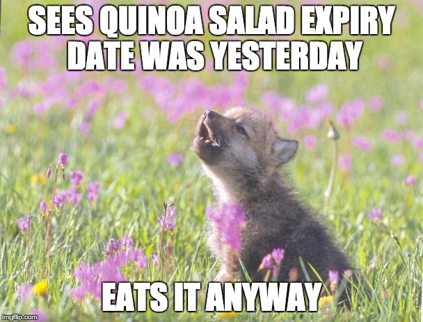 Baby Insanity Wolf | SEES QUINOA SALAD EXPIRY DATE WAS YESTERDAY EATS IT ANYWAY | image tagged in memes,baby insanity wolf | made w/ Imgflip meme maker