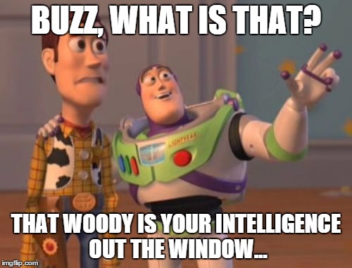 X, X Everywhere Meme | BUZZ, WHAT IS THAT? THAT WOODY IS YOUR INTELLIGENCE OUT THE WINDOW... | image tagged in memes,x x everywhere | made w/ Imgflip meme maker