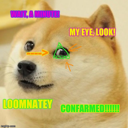Doge Meme | WAIT, A MINUTE! MY EYE, LOOK! ----> LOOMNATEY CONFARMED!!!!!! | image tagged in memes,doge,illuminati | made w/ Imgflip meme maker