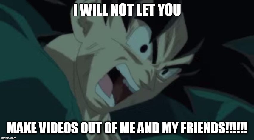 I WILL NOT LET YOU MAKE VIDEOS OUT OF ME AND MY FRIENDS!!!!!! | image tagged in i will not let you destroy my world,anime,dbz | made w/ Imgflip meme maker
