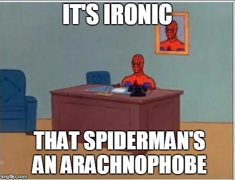 Spiderman Computer Desk | IT'S IRONIC THAT SPIDERMAN'S AN ARACHNOPHOBE | image tagged in memes,spiderman computer desk,spiderman | made w/ Imgflip meme maker