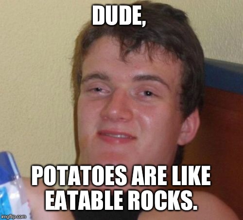 10 Guy | DUDE, POTATOES ARE LIKE EATABLE ROCKS. | image tagged in memes,10 guy | made w/ Imgflip meme maker