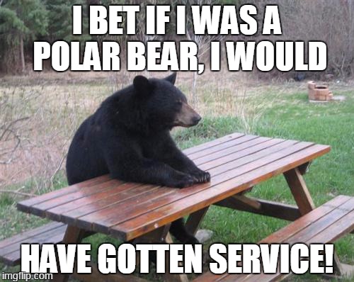Animal Racism. | I BET IF I WAS A POLAR BEAR, I WOULD HAVE GOTTEN SERVICE! | image tagged in memes,bad luck bear | made w/ Imgflip meme maker
