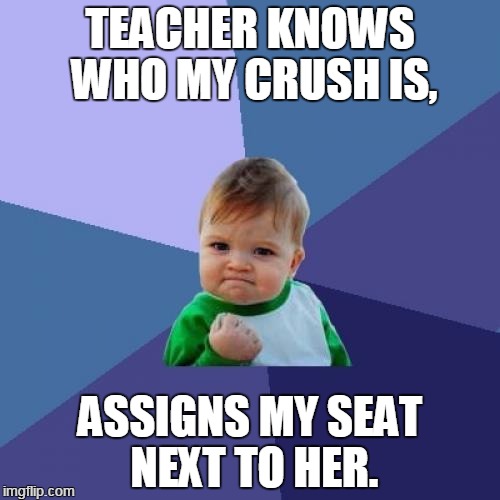 My Crush. | TEACHER KNOWS WHO MY CRUSH IS, ASSIGNS MY SEAT NEXT TO HER. | image tagged in memes,success kid | made w/ Imgflip meme maker