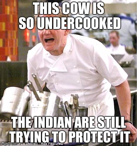 Chef Gordon Ramsay | THIS COW IS SO UNDERCOOKED THE INDIAN ARE STILL TRYING TO PROTECT IT | image tagged in memes,chef gordon ramsay | made w/ Imgflip meme maker