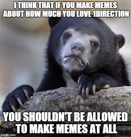 Confession Bear Meme | I THINK THAT IF YOU MAKE MEMES ABOUT HOW MUCH YOU LOVE 1DIRECTION YOU SHOULDN'T BE ALLOWED TO MAKE MEMES AT ALL | image tagged in memes,confession bear | made w/ Imgflip meme maker