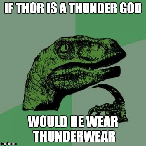 Philosoraptor | IF THOR IS A THUNDER GOD WOULD HE WEAR THUNDERWEAR | image tagged in memes,philosoraptor | made w/ Imgflip meme maker