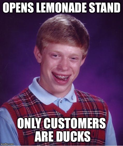 Bad Luck Brian Meme | OPENS LEMONADE STAND ONLY CUSTOMERS ARE DUCKS | image tagged in memes,bad luck brian | made w/ Imgflip meme maker