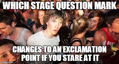 Sudden Clarity Clarence Meme | WHICH STAGE QUESTION MARK CHANGES TO AN EXCLAMATION POINT IF YOU STARE AT IT | image tagged in memes,sudden clarity clarence,bonnaroo | made w/ Imgflip meme maker