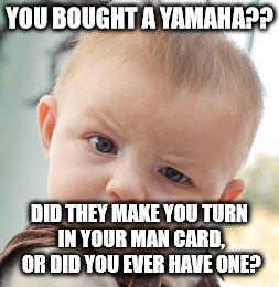 Skeptical Baby Meme | YOU BOUGHT A YAMAHA?? DID THEY MAKE YOU TURN IN YOUR MAN CARD, OR DID YOU EVER HAVE ONE? | image tagged in memes,skeptical baby | made w/ Imgflip meme maker