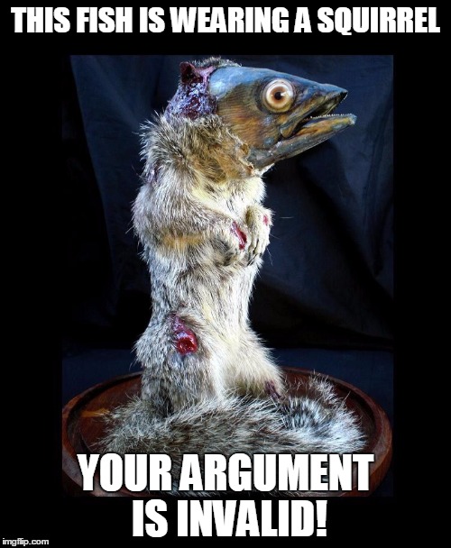 Fish Argument | THIS FISH IS WEARING A SQUIRREL YOUR ARGUMENT IS INVALID! | image tagged in squirrel fish,invalid argument,wtf,balls | made w/ Imgflip meme maker
