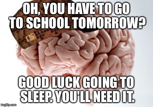 Scumbag Brain | OH, YOU HAVE TO GO TO SCHOOL TOMORROW? GOOD LUCK GOING TO SLEEP. YOU'LL NEED IT. | image tagged in memes,scumbag brain | made w/ Imgflip meme maker