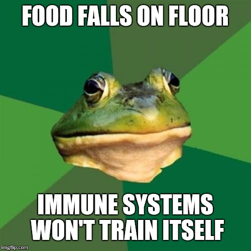 Foul Bachelor Frog Meme | FOOD FALLS ON FLOOR IMMUNE SYSTEMS WON'T TRAIN ITSELF | image tagged in memes,foul bachelor frog | made w/ Imgflip meme maker