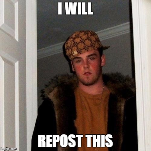 Scumbag Steve Meme | I WILL REPOST THIS | image tagged in memes,scumbag steve | made w/ Imgflip meme maker